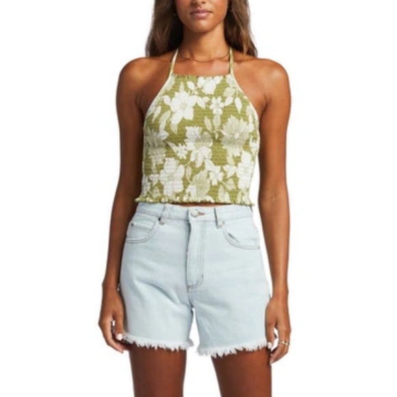 NEW BILLABONG WOMENS GREEN HALTER TIE TANK TOP SMOCKED SEAWEED GREEN LARGE - Picture 2 of 6